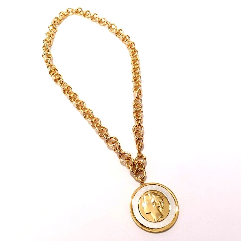 Vintage Italian 1000 Lire Coin Style Pendant Necklace Gold Tone Chunky Chain 20"